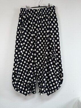 Imakokoni Womens Black White Polka Dot Pleated Plisse Harem Pants Wide Leg Large
